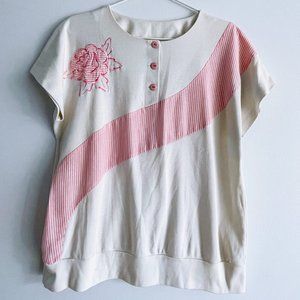 Vintage Frayne Made in USA Ivory Short-Sleeve Shirt Pink Striped Fabric Insert M